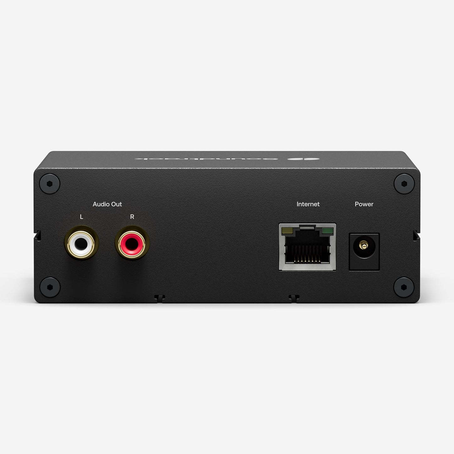 Soundtrack Player as seen from back. RCA out, Ethernet port and female power connector.