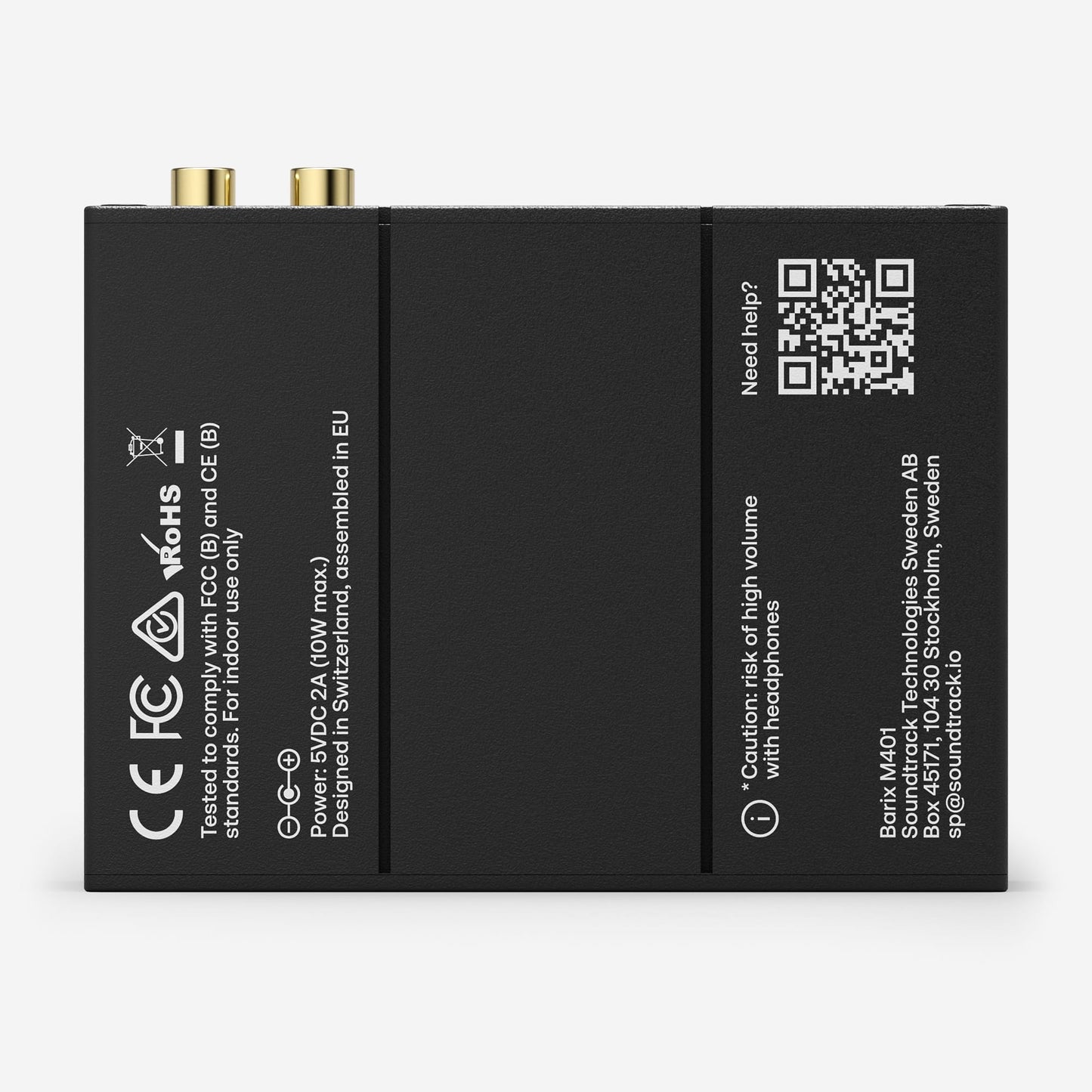Bottom of a Soundtrack Player on a white background. Safety, certification and production information.