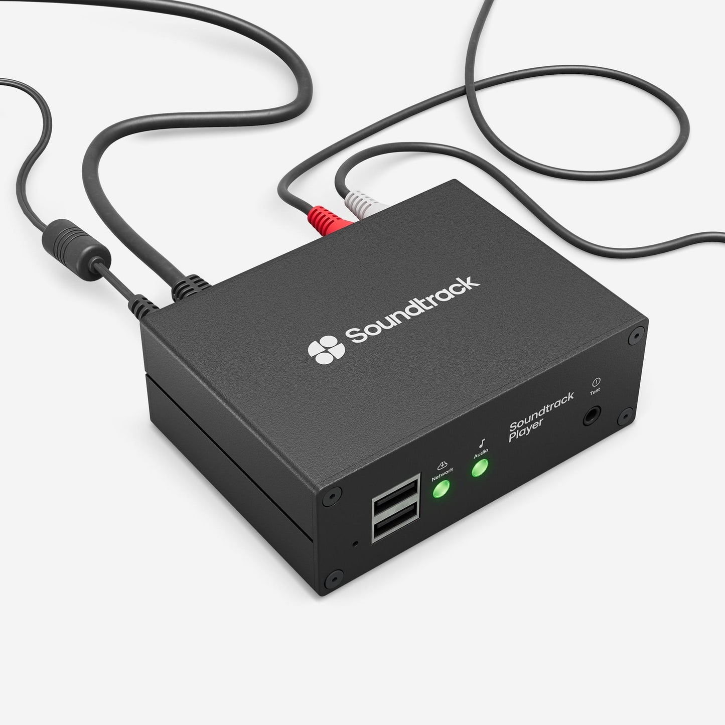 Soundtrack audio player with cables on a white background