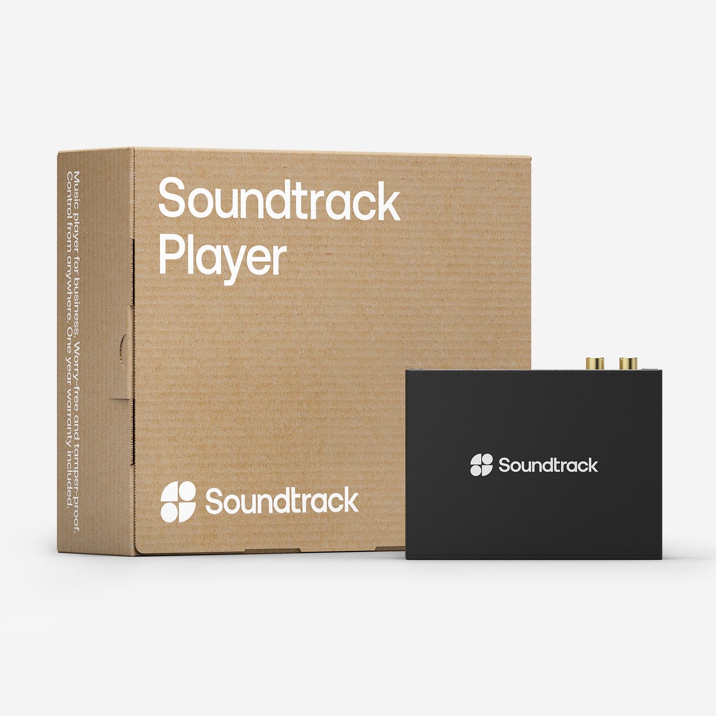 Soundtrack Player packaging with a cardboard box and black player on a white background