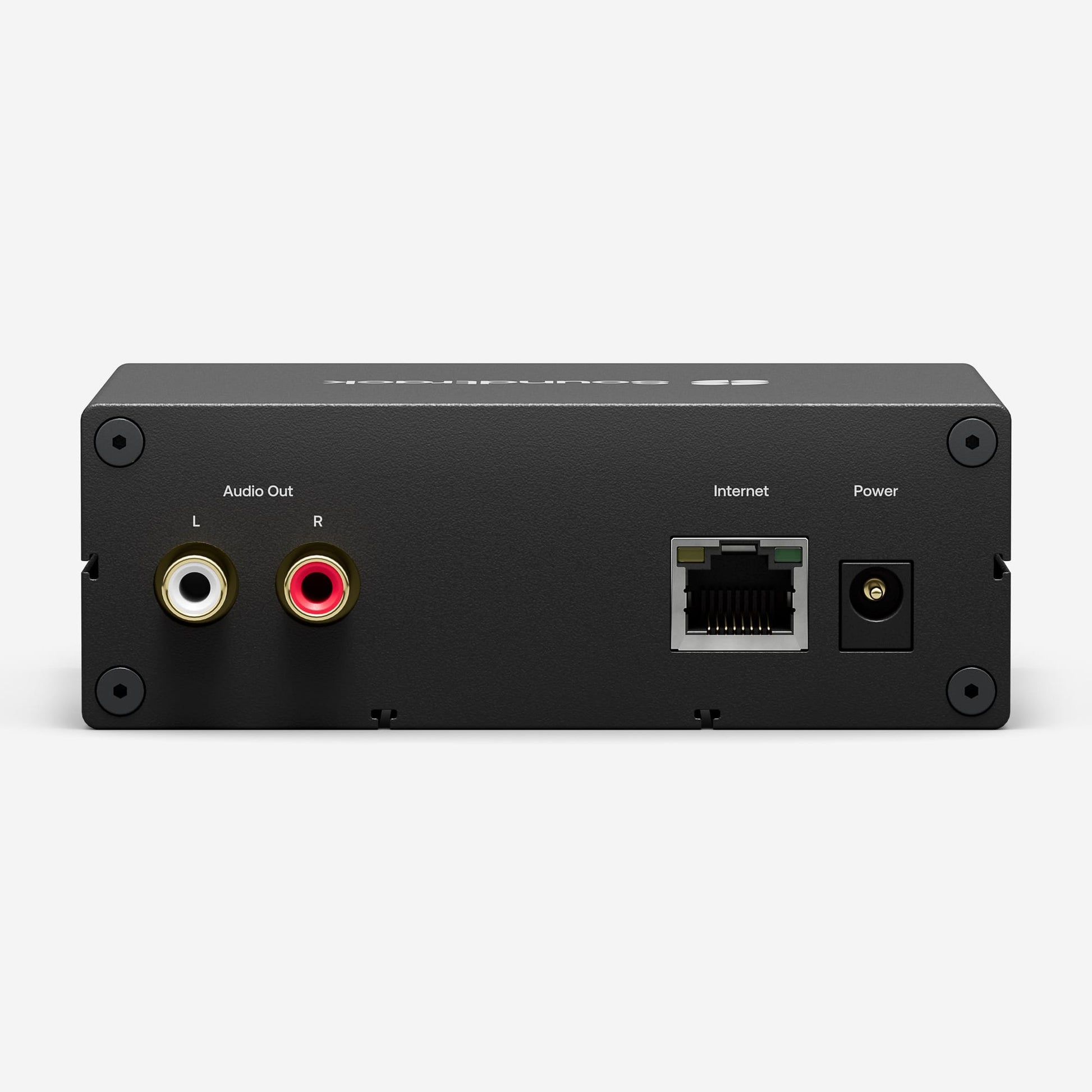 Soundtrack Player as seen from back. RCA out, Ethernet port and female power connector.